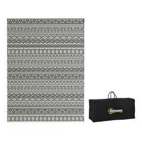 Portable Patio Mat Reversible Gray & Cream White Boho Outdoor Rug 9x12 with Carry Bag for RV Camping