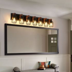 Industrial Vintage 7-Light Wall Sconce - Black Cage Wall Lighting Fixture with Wooden Accents for Bathroom, Hallway
