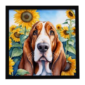 Basset Hound in Sunflowers Framed Metal Print Bathroom, Kitchen, Office, Home Decor Wall Art Ready to Hang, Square, 8X8