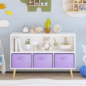 Kids bookcase with Collapsible Fabric Drawers, Children's Book Display, Toy Storage Cabinet Organizer, White/Purple