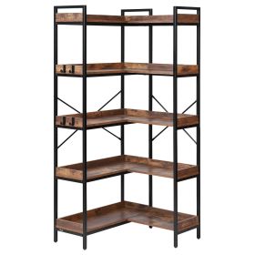 VEVOR 5 Tier Corner Bookshelf with 4 Hooks, 65.4" Tall Corner Bookcase with Heavy Duty Metal Frame & Wooden Shelves