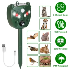 Ultrasonic Solar Animal Repeller Outdoor Mole Snake Squirrel Mouse Chaser Waterproof Bird Deer Dog Cat Deterrent With 5 Gears For Farm Garden Yar (Option: green)